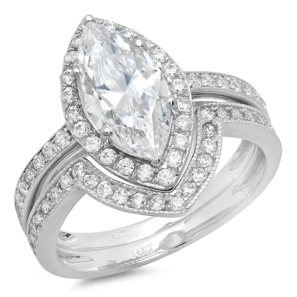 14k White Gold Marquise Cut Simulated Blue Sapphire Halo Ring Band Set Size 10.75 I3545