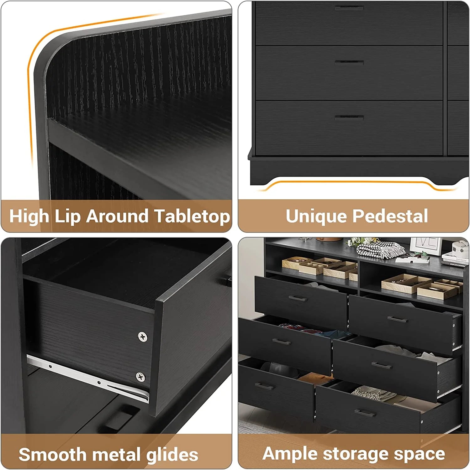 Black 6 Drawer Wood Dresser Q2749