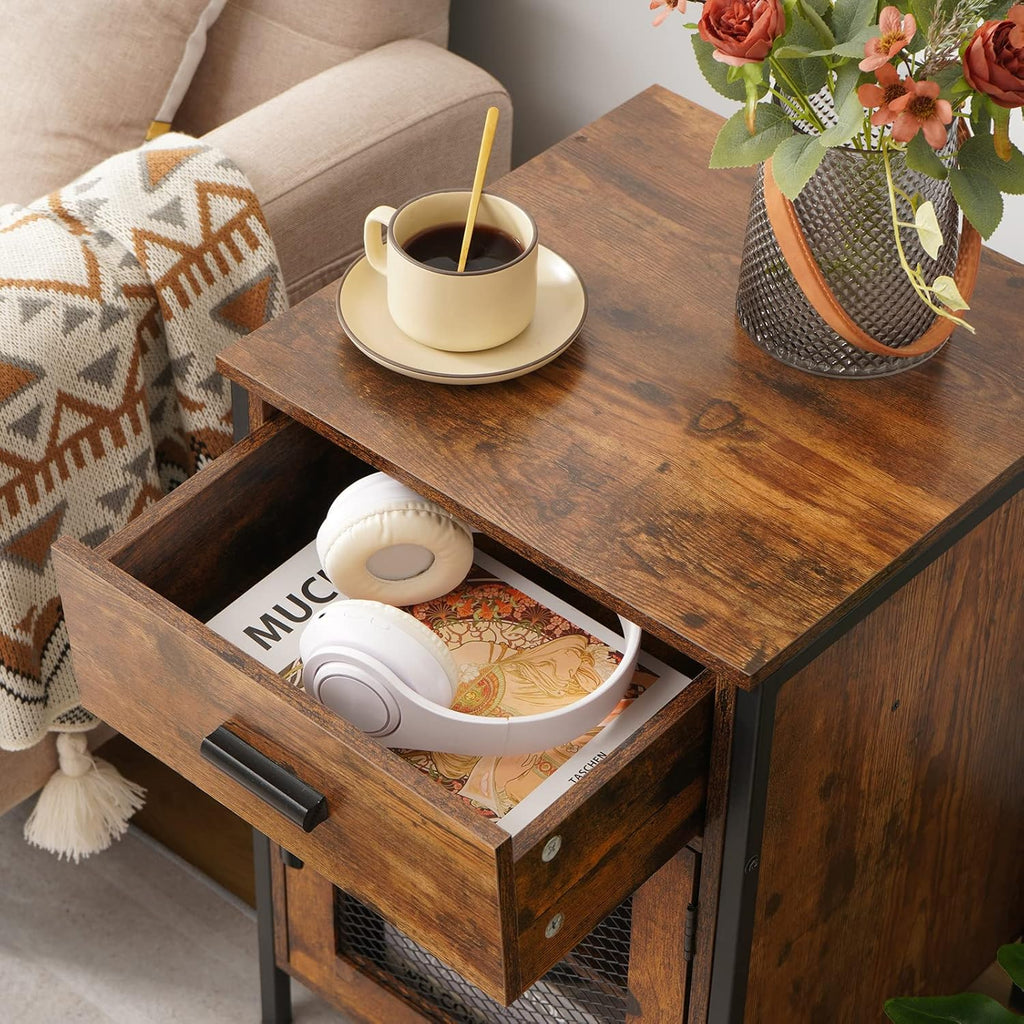Rustic Brown End Table with Drawer and Mesh Door B292