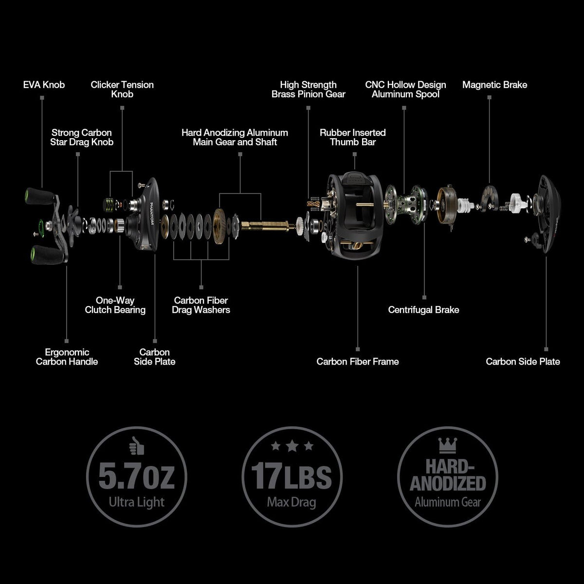 Carbon Fiber Baitcasting Reel, 5.7oz, 7.0:1 Gear Ratio Y33020