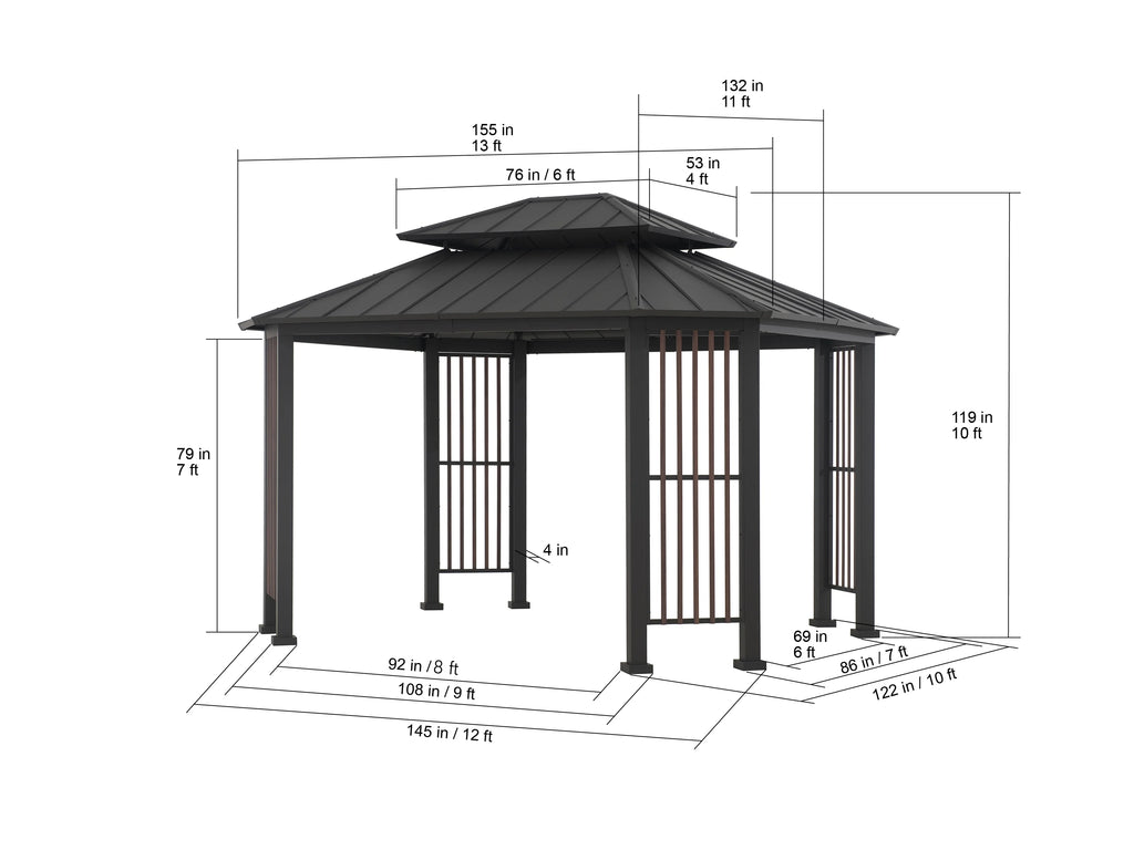 11 x 13 ft. 2-Tier Steel Hardtop Gazebo with Ceiling Hook T202
