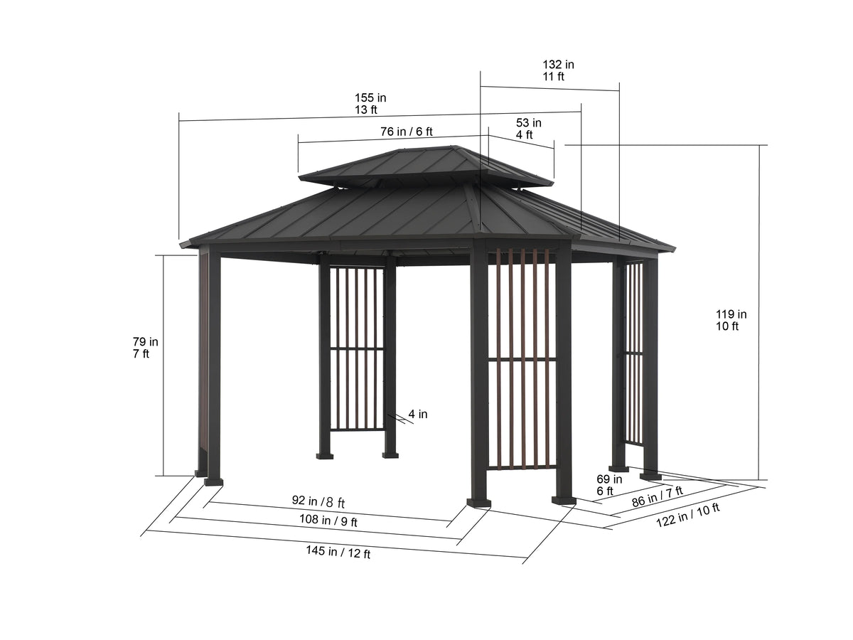 11 x 13 ft. 2-Tier Steel Hardtop Gazebo with Ceiling Hook T202