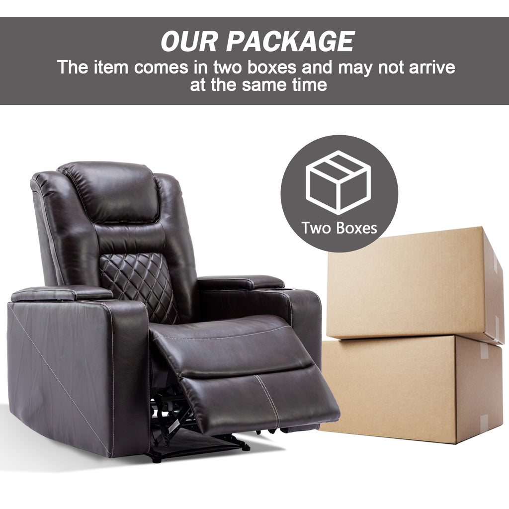 Brown Faux Leather Power Reclining Home Theater Seating with Cup Holders I394