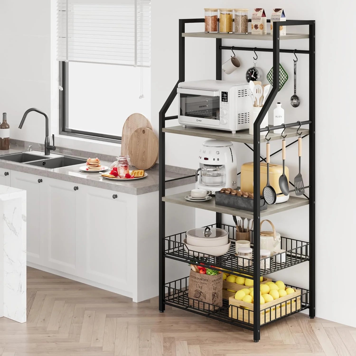 Rustic Gray 5-Tier Microwave Stand with Anti-Tip Kit E36690