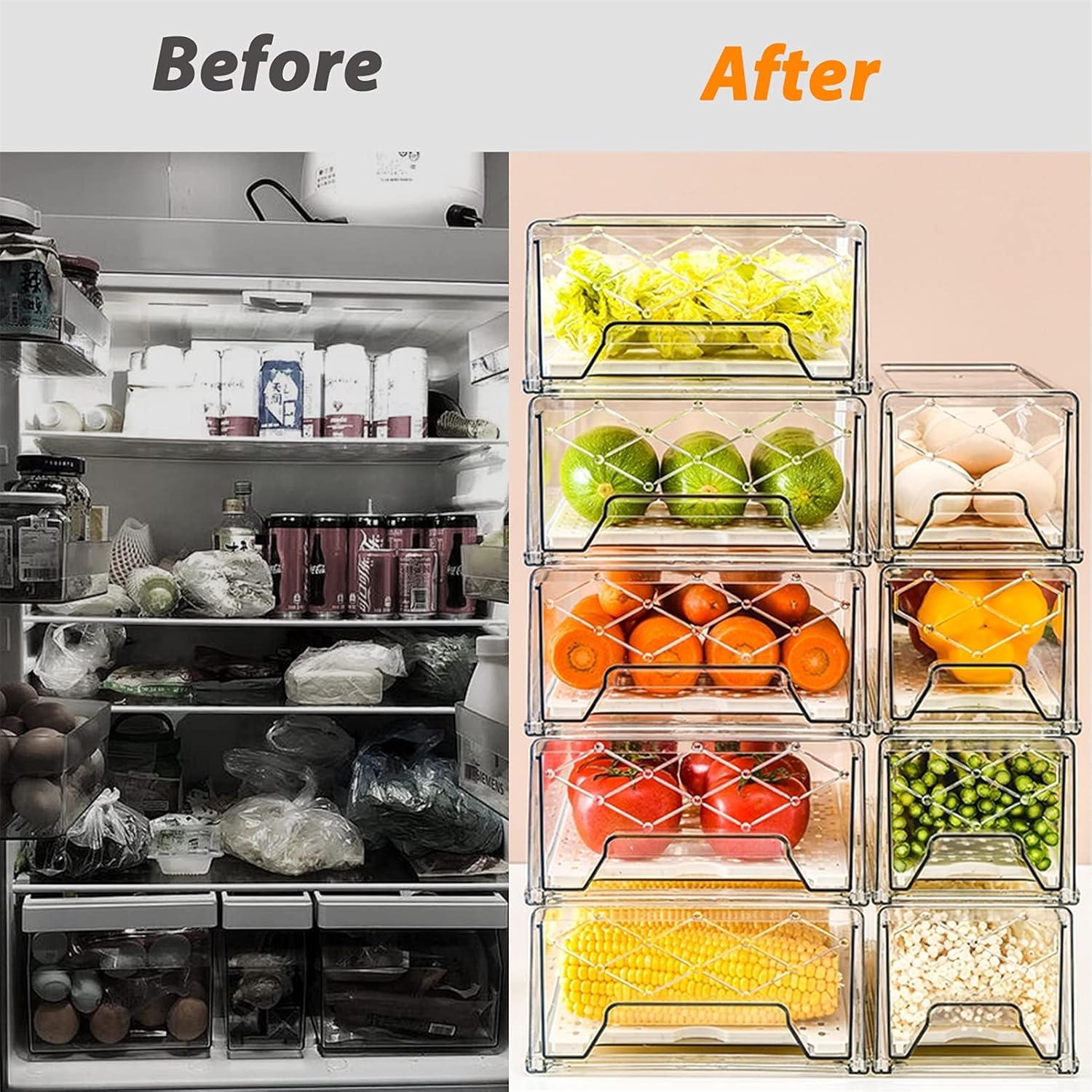 Plastic Stackable Fridge Organizer Bins with Removable Drain Tray, 2 Pack R2305