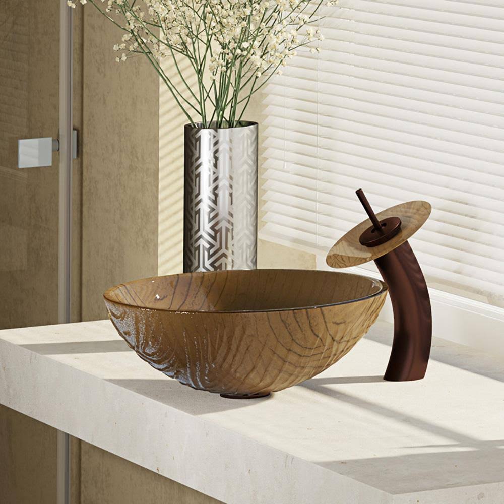 Beach Sand Glass Vessel Bathroom Sink with Oil Rubbed Bronze Waterfall Faucet M24959
