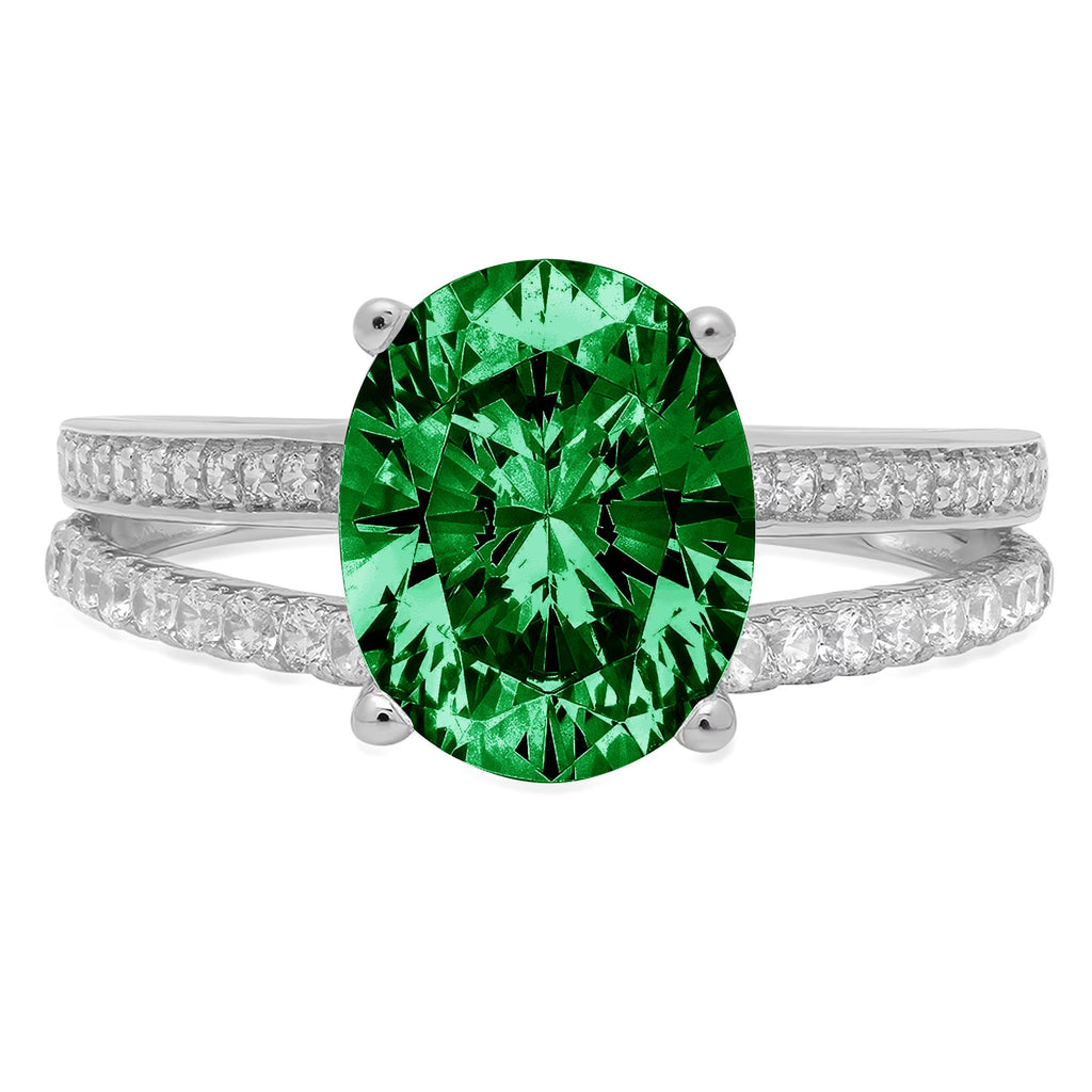 14k White Gold Oval Cut Green Simulated Emerald Ring Size 10.5 N549