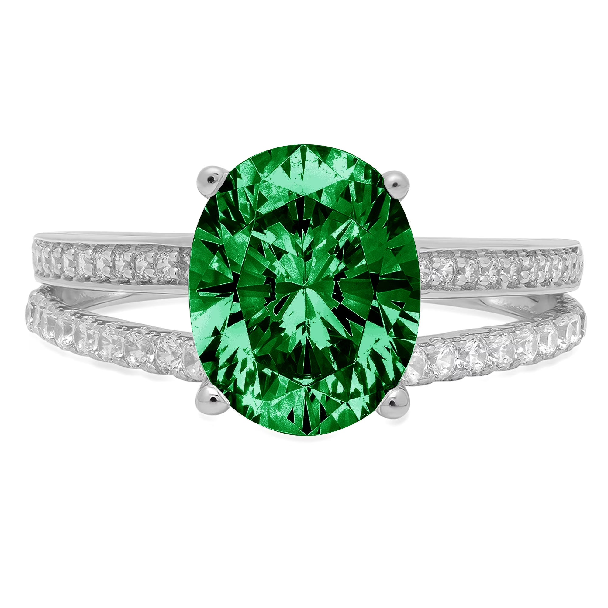14k White Gold Oval Cut Green Simulated Emerald Ring Size 10.5 N549