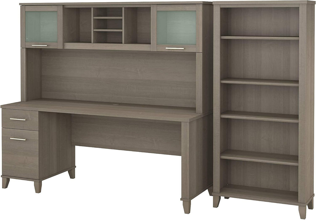 72W Ash Gray Office Desk with Hutch and 5 Shelf Bookcase H750