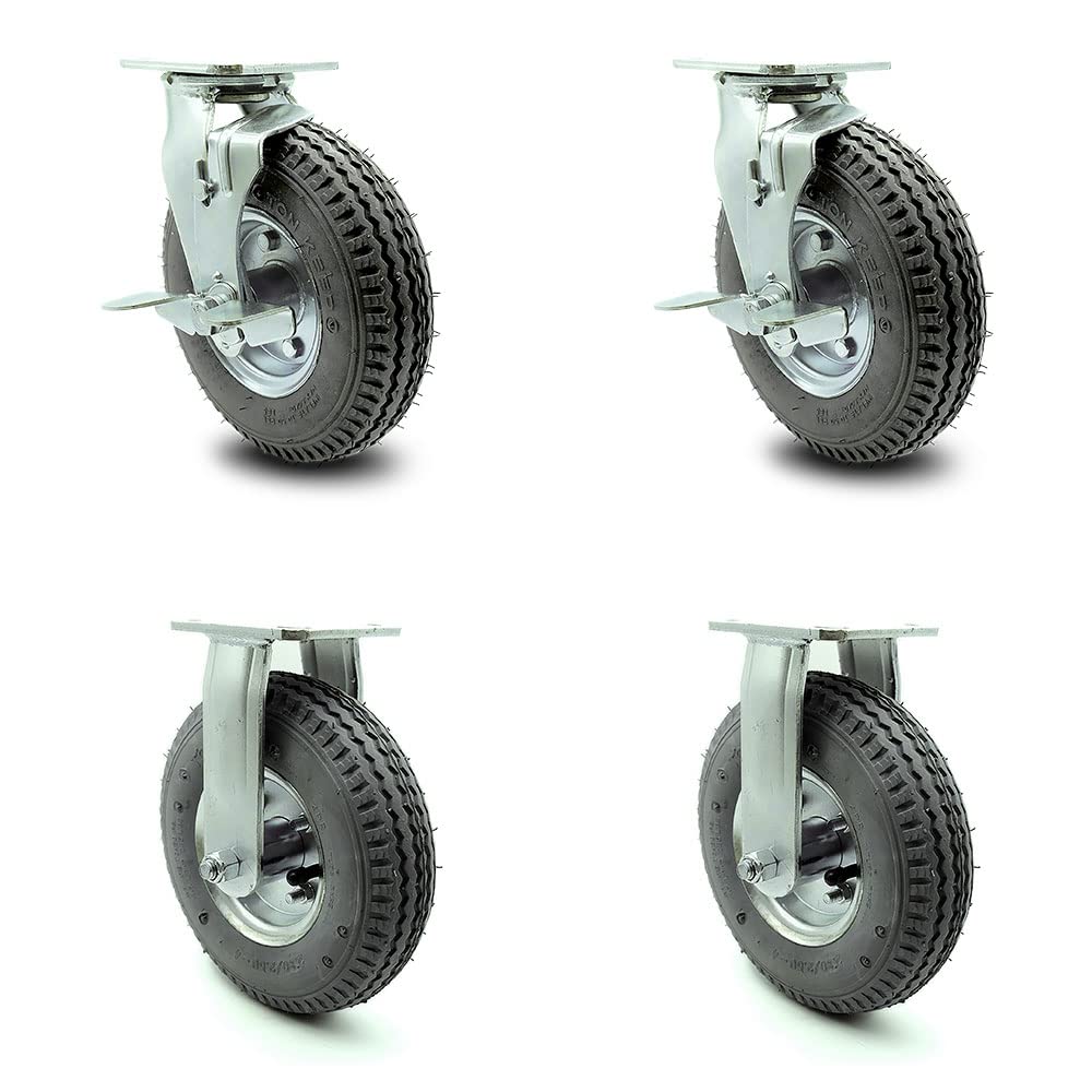 10" Pneumatic Rigid Caster, Black Rubber Wheel, 350 lbs. Capacity, Pack of 2 Q830