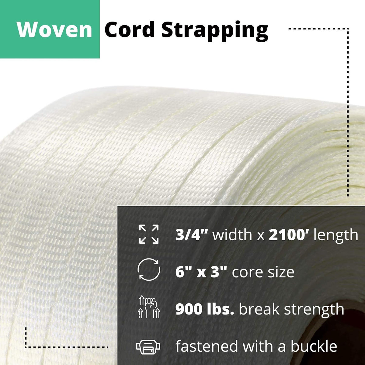 3/4" x 2100’ Woven Cord Strapping Roll, 900 lbs Break Strength, White B918