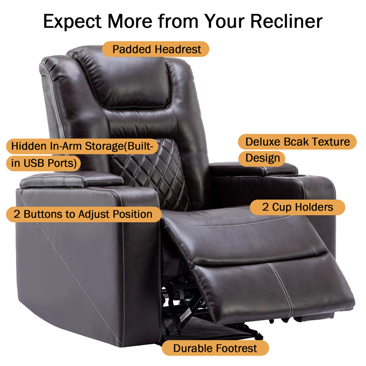 Brown Faux Leather Power Reclining Home Theater Seating with Cup Holders I394