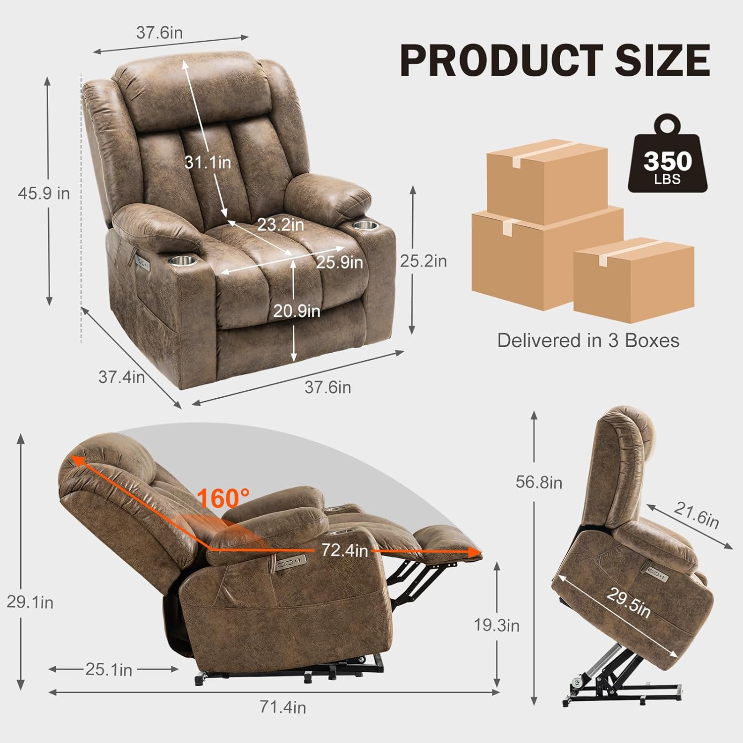 Light Brown Power Lift Recliner with Heated and Massage, USB, Cup Holder Q480