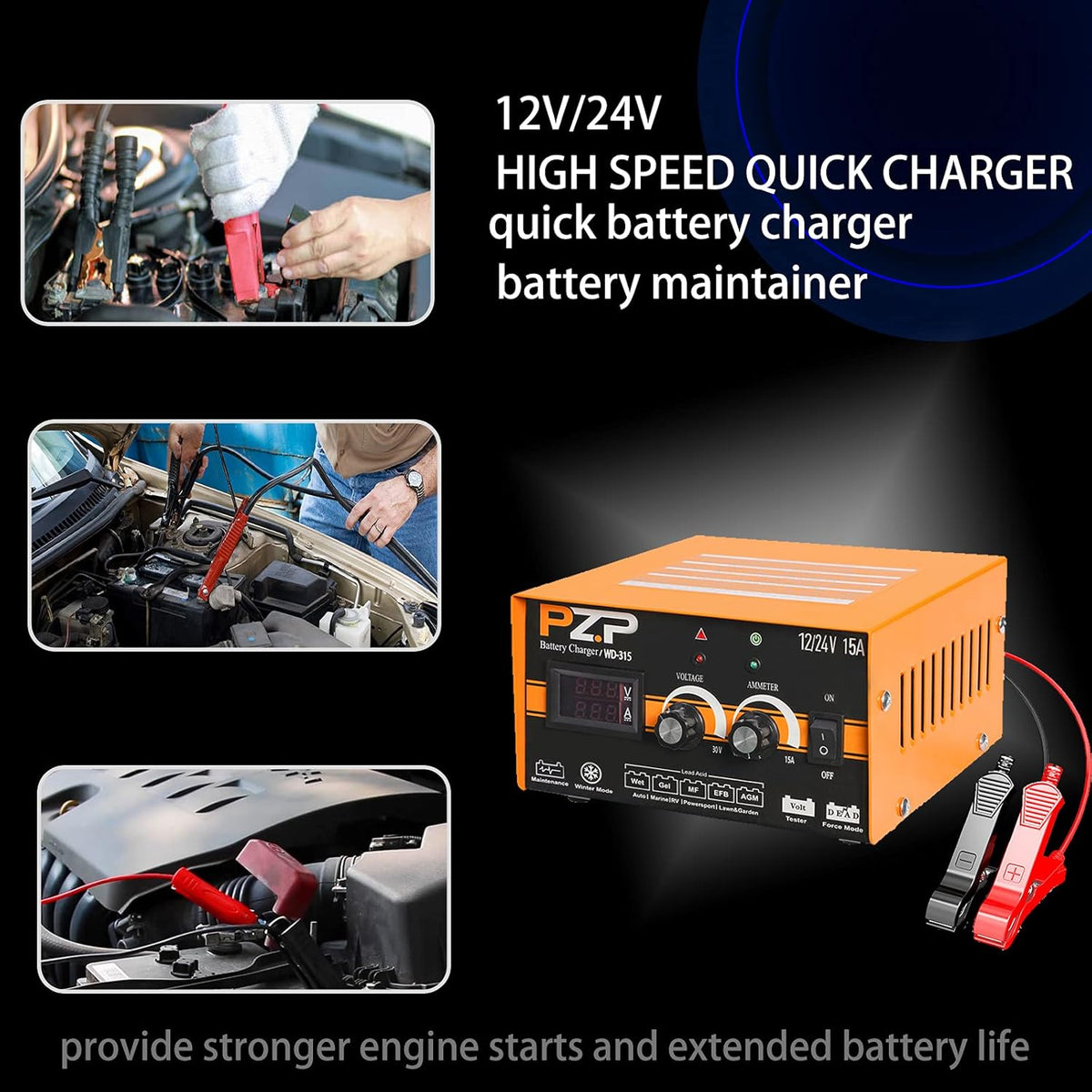 24v Battery Charger 15-Amp Automotive Car Battery Fast Trickle Charger and Maintainer 12v/15a 24v/7.5a Q276634