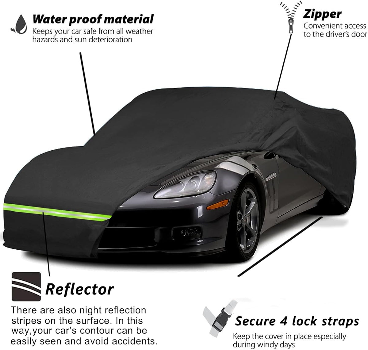 Waterproof Car Cover for C3 Corvette, 190T, Double Door Zipper L6598