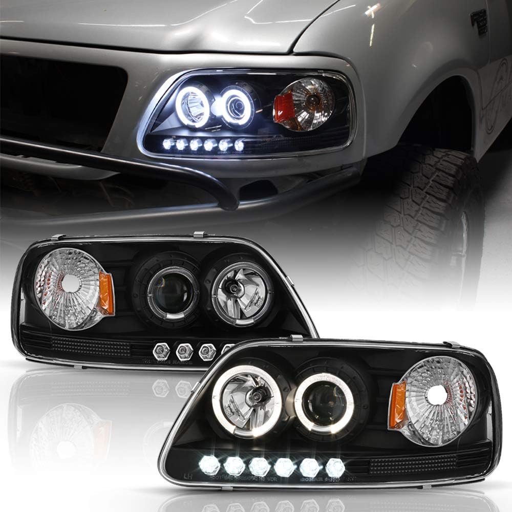 1997-2003 Ford F150 1997-2002 Expedition LED Dual Halo Ring Chrome Housing Projector Headlights O2061