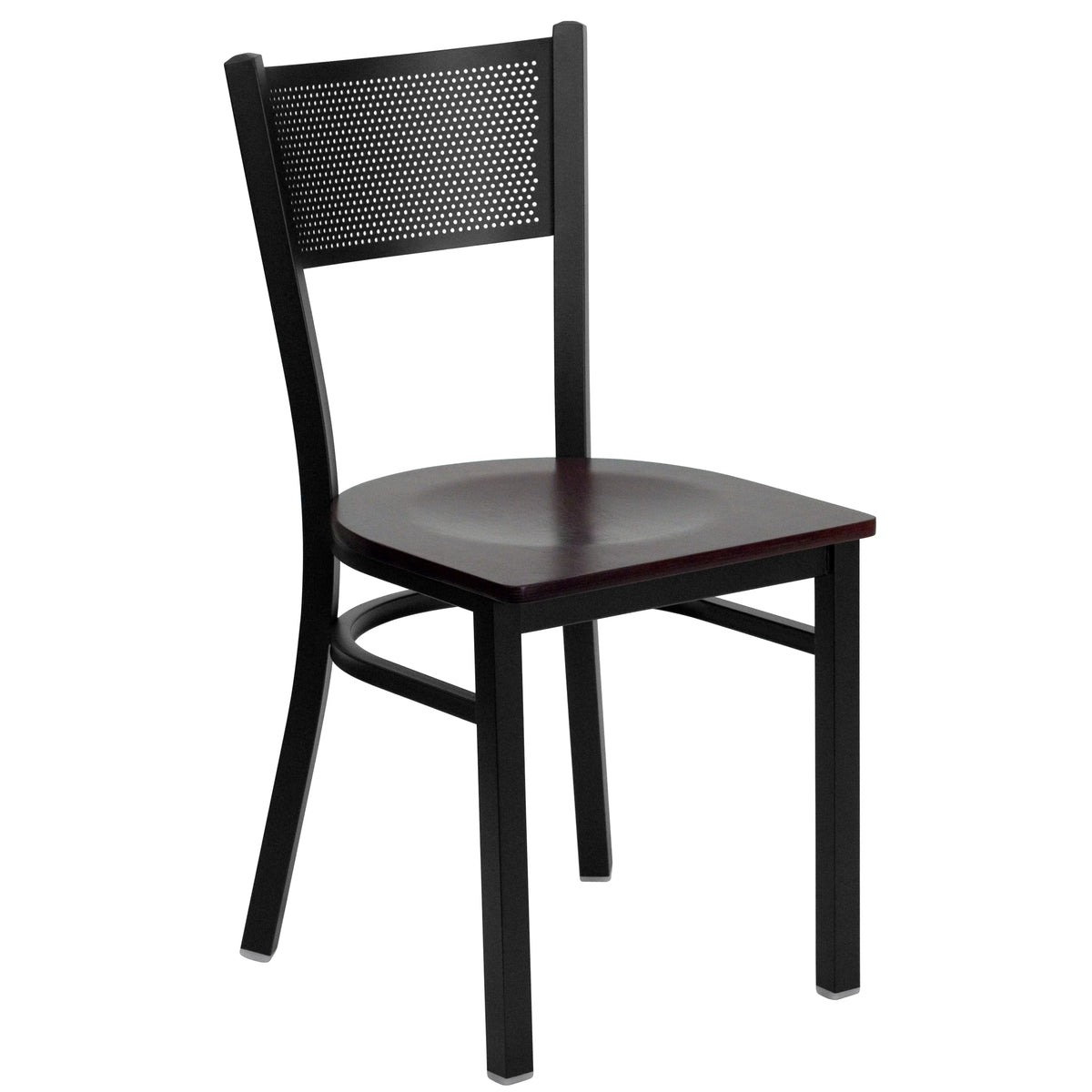 Black Grid Back Metal Restaurant Chair with Mahogany Wood Seat A8542