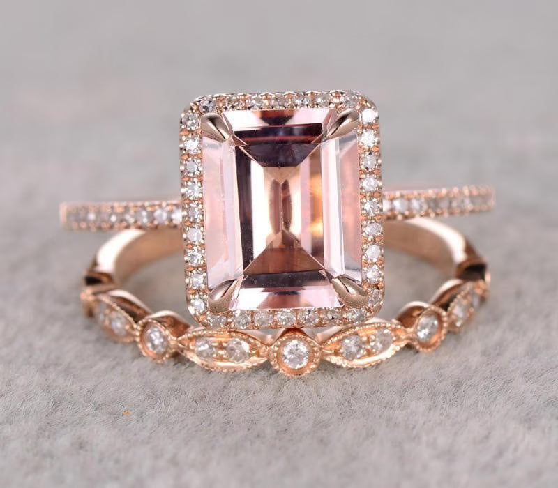 Emerald Cut Morganite Bridal Set With Diamond Moissanites 18K Rose Gold Plating P853