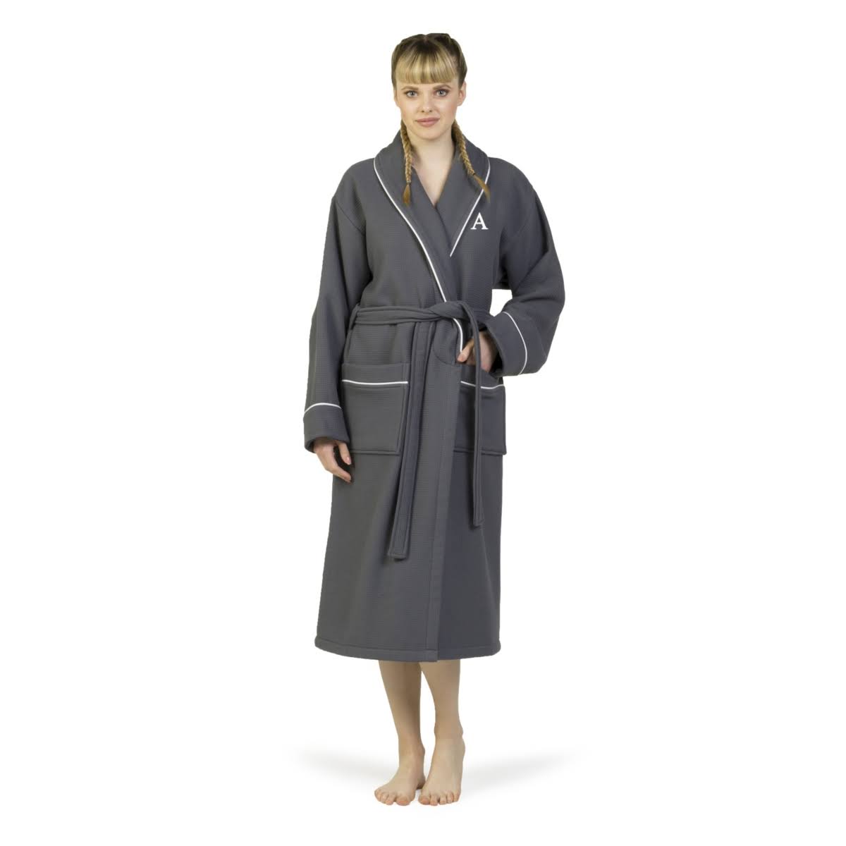 Dark Gray Turkish Cotton Waffle Terry Bathrobe with Satin Piped Trim E8903