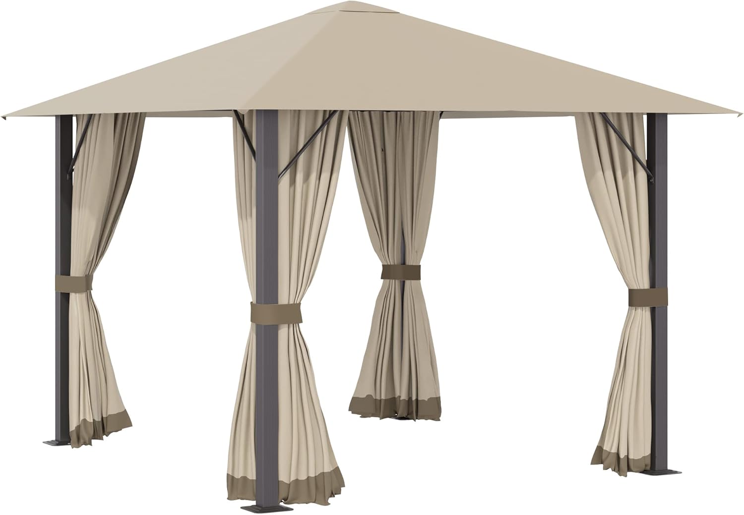 10' x 10' Patio Gazebo Aluminum Frame Canopy Shelter with Sidewalls, Vented Roof, Khaki O4616