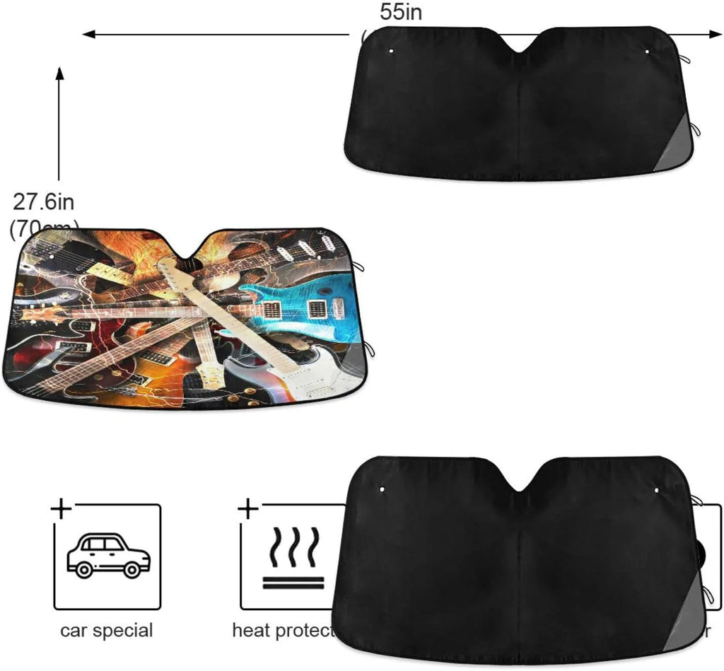 Fire Music Guitar Car Windshield Sun Shade, Foldable Visor Protector, 55×27.6in I936188