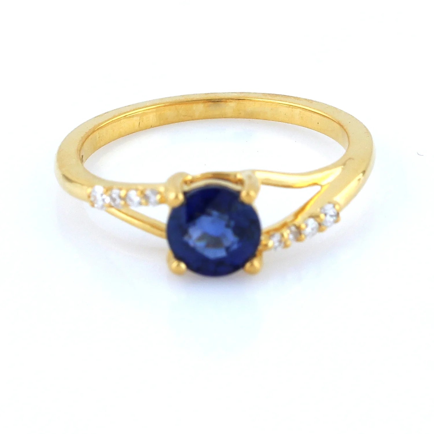 Round Blue Sapphire CZ Solitaire Ring Yellow Gold Plated 925 Silver V557