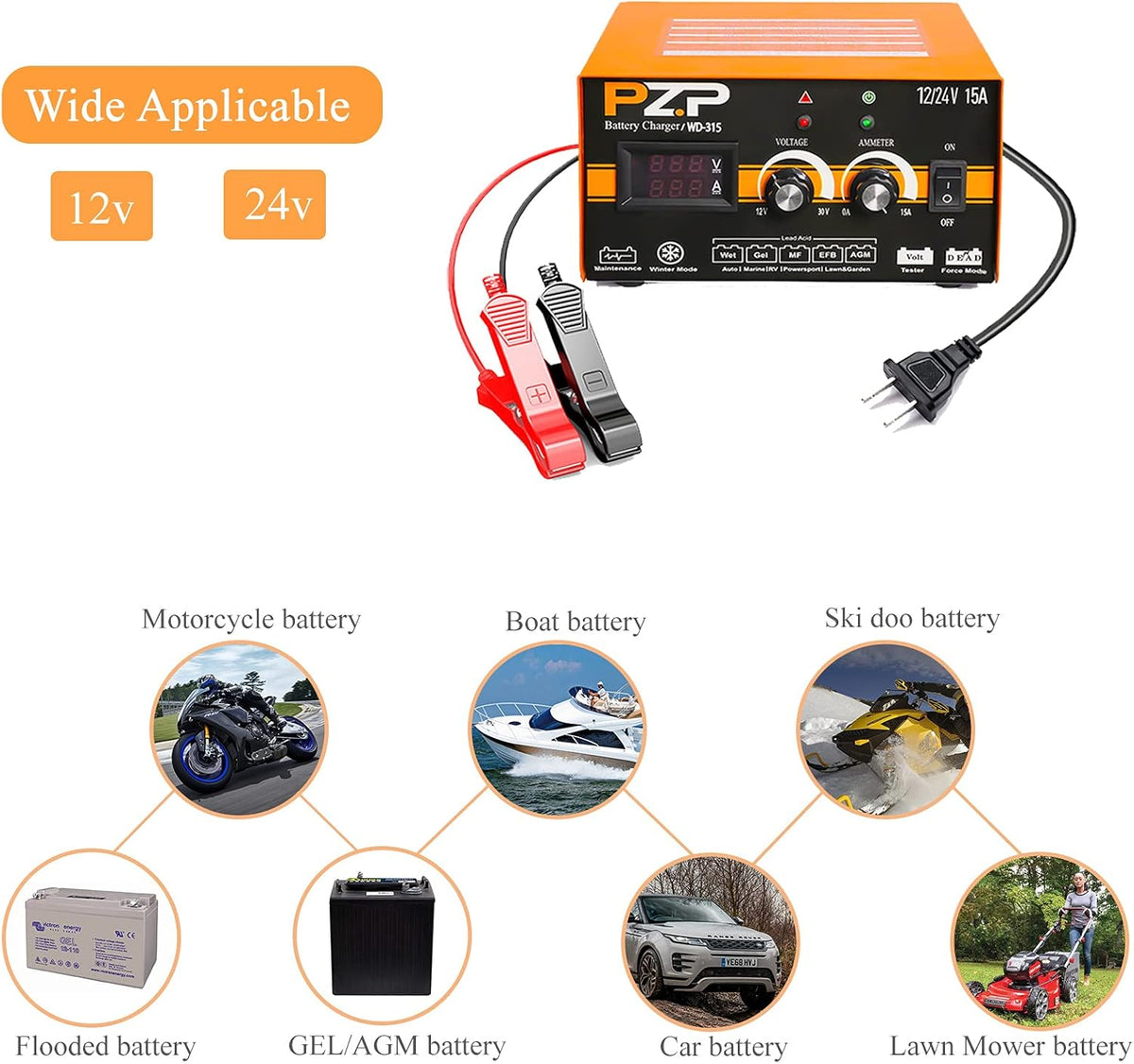 24v Battery Charger 15-Amp Automotive Car Battery Fast Trickle Charger and Maintainer 12v/15a 24v/7.5a Q276634