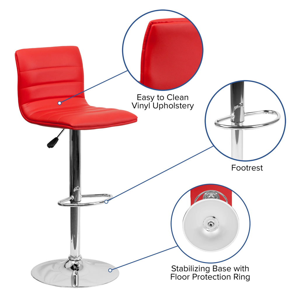 Red Vinyl Upholstered Mid-Back Stool with Chrome Pedestal Base W50539