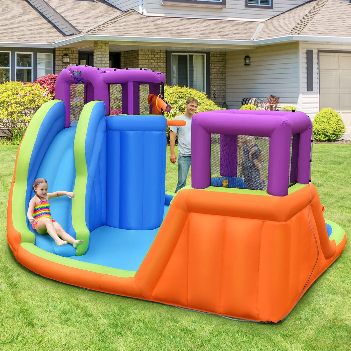 6 in 1 Inflatable Dual Slide Water Park Climbing Bouncer with 750W Blower G983
