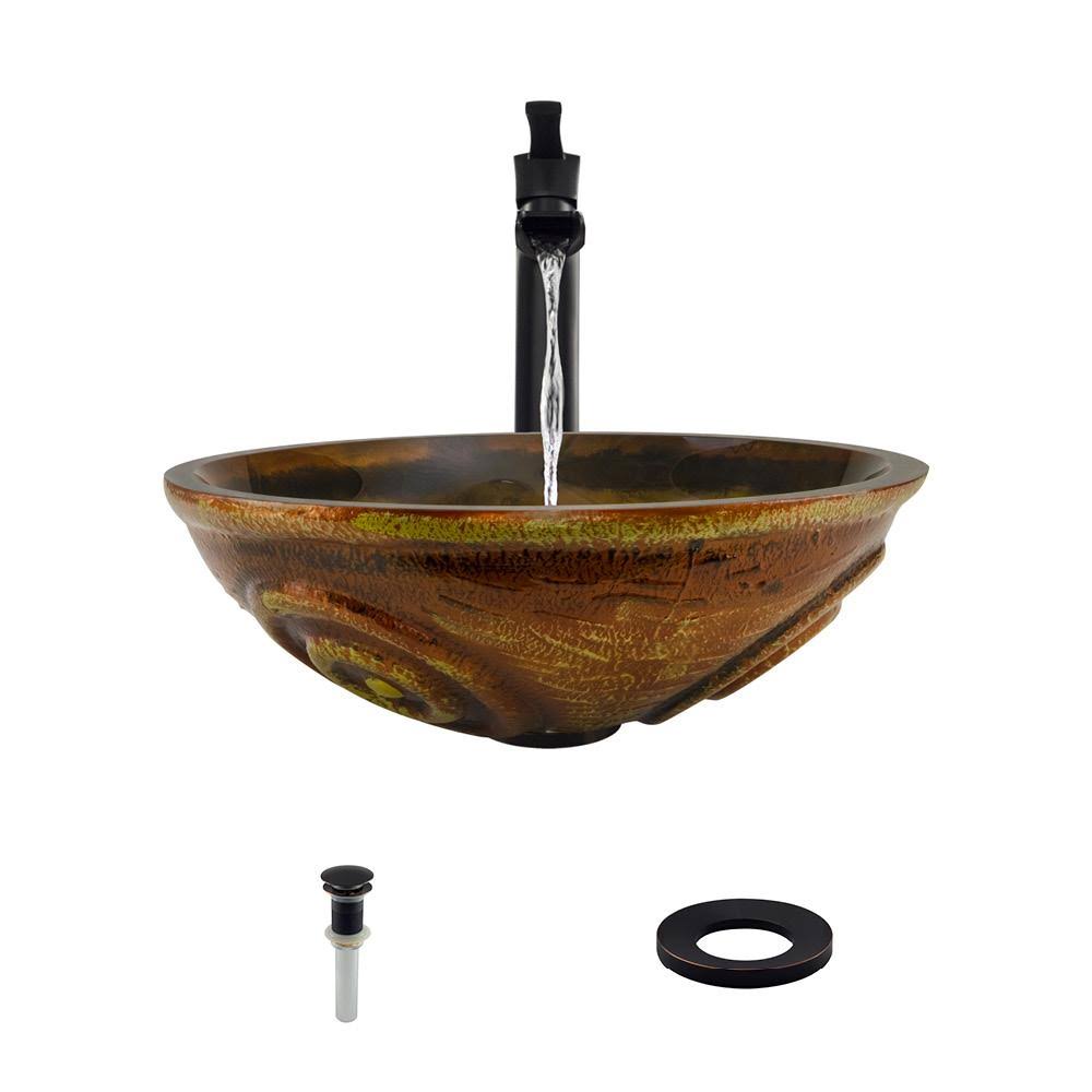 Antique Bronze Vessel Sink Ensemble with Faucet, Pop-Up Drain, and Sink Ring P95059
