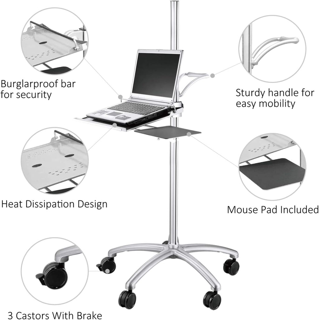 Aluminum Mobile Laptop Cart on Wheels, Height Adjustable Rolling Laptop Stand with Mouse Tray F301