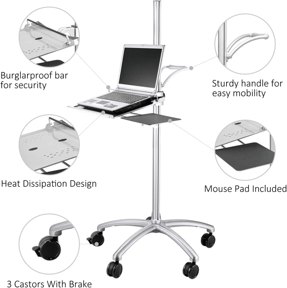 Aluminum Mobile Laptop Cart on Wheels, Height Adjustable Rolling Laptop Stand with Mouse Tray F301