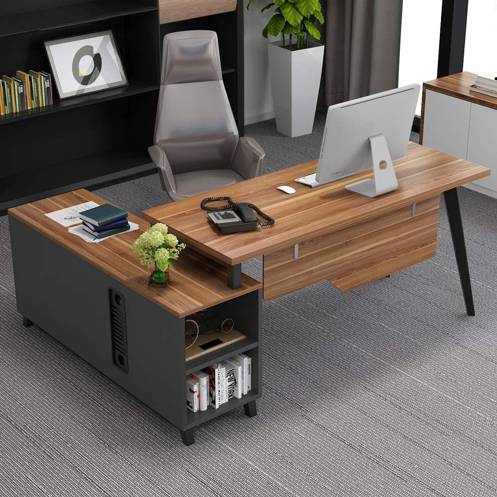Dark Walnut L-Shaped Desk with Storage Shelves and File Cabinet L580
