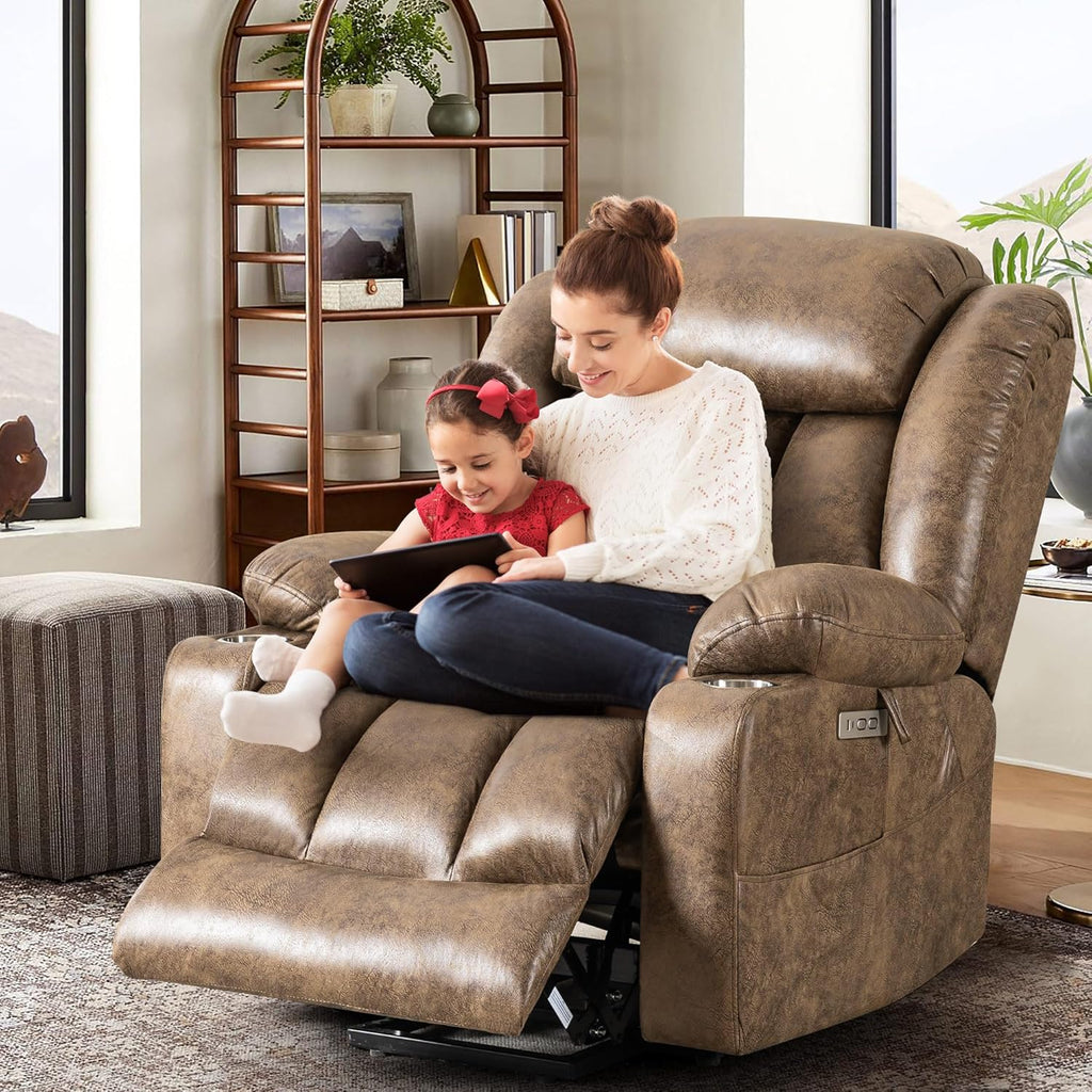 Light Brown Power Lift Recliner with Heated and Massage, USB, Cup Holder Q480