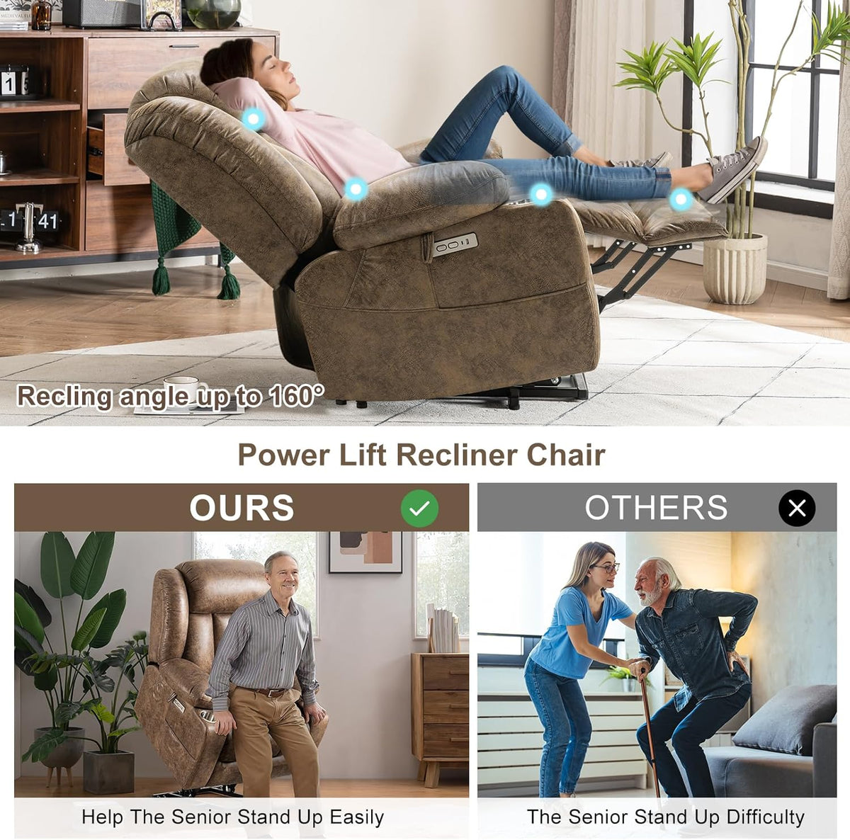 Light Brown Power Lift Recliner with Heated and Massage, USB, Cup Holder Q480