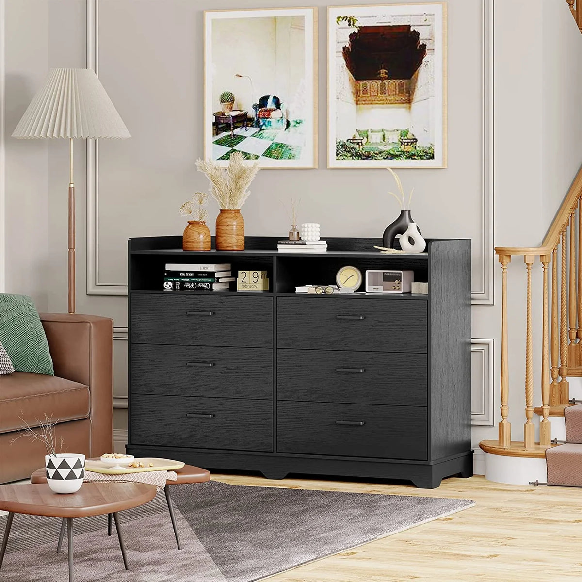 Black 6 Drawer Wood Dresser Q2749