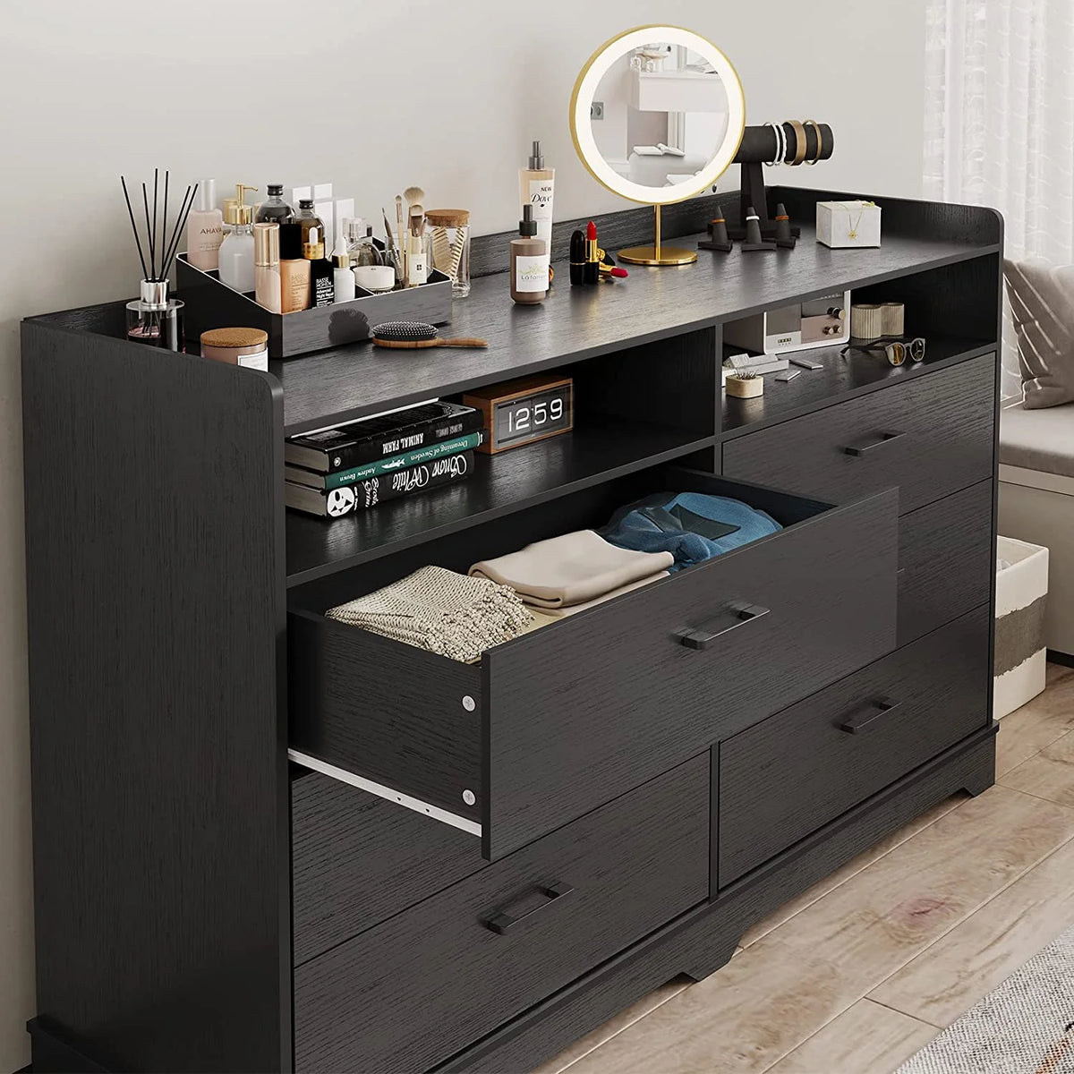 Black 6 Drawer Wood Dresser Q2749