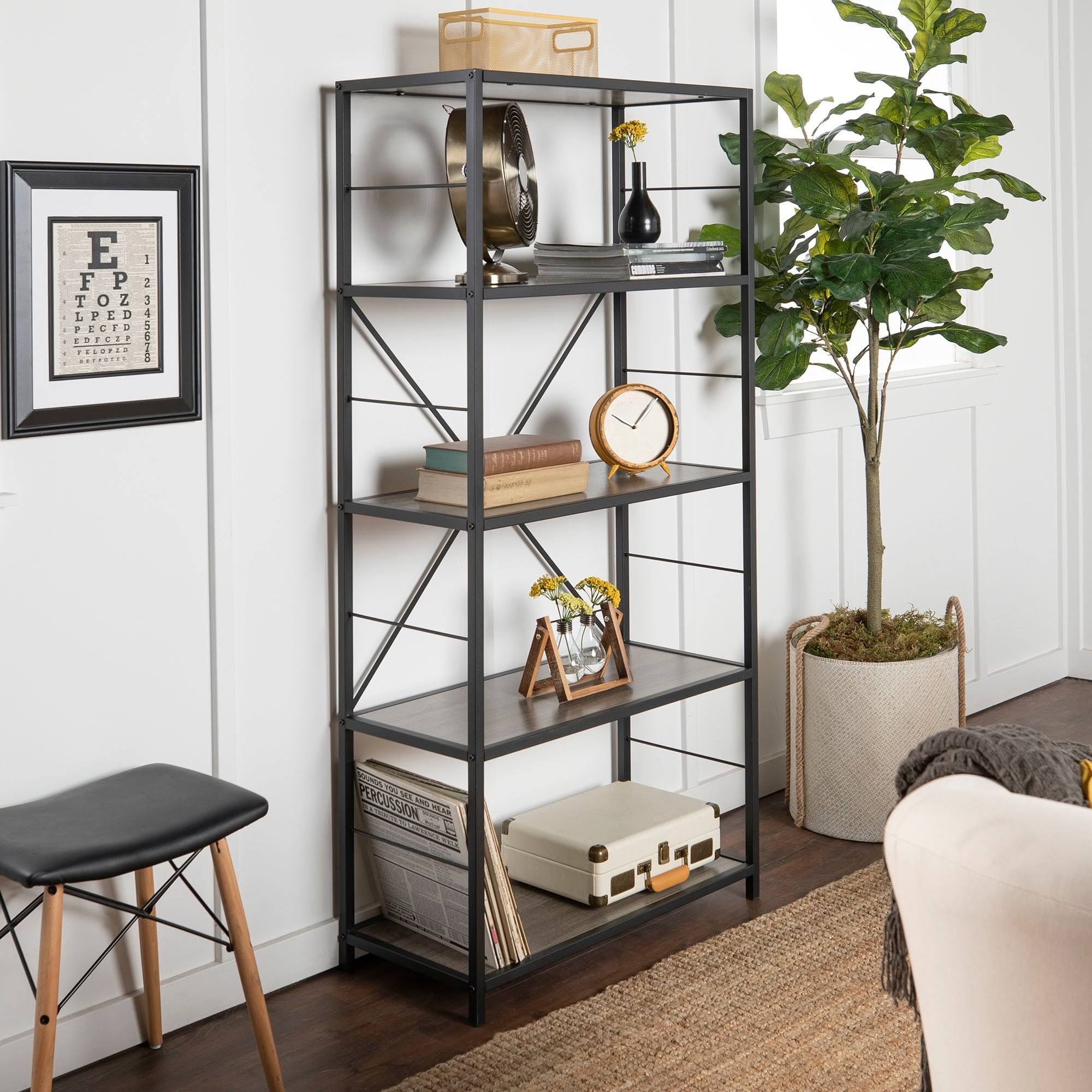 30x22 Five Shelf Laminate Wood and Metal Utility Shelf Dark Walnut R674