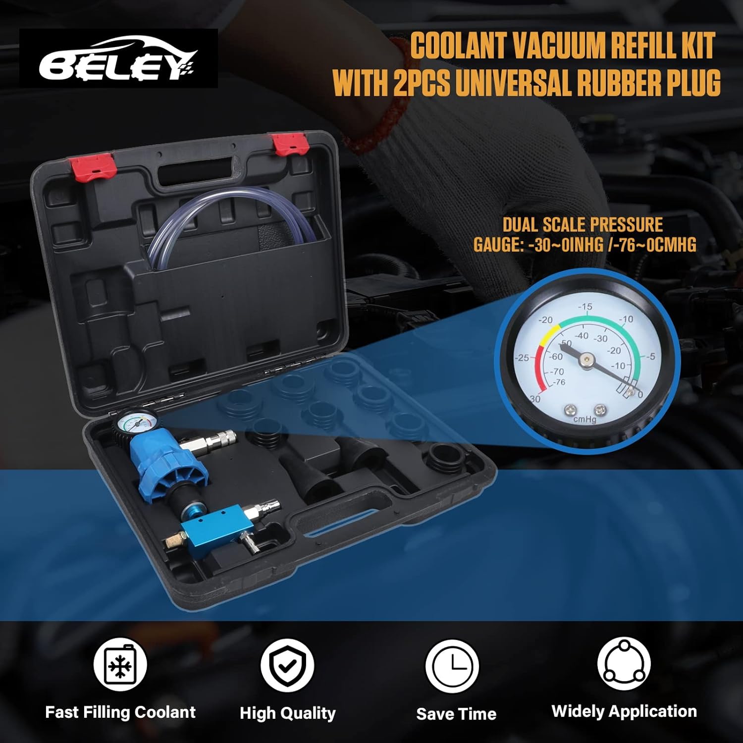 Universal Coolant Vacuum Refill Kit with Dual Scale Pressure Gauge, 2PCS Rubber Plug and 8PCS Rubber Adapters, 35mm 40mm 45mm 55mm, Pack of 2 P239072