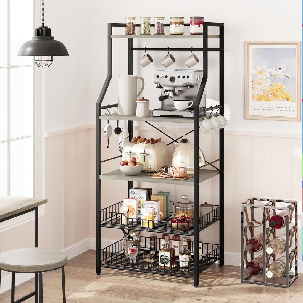 Rustic Gray 5-Tier Microwave Stand with Anti-Tip Kit E36690