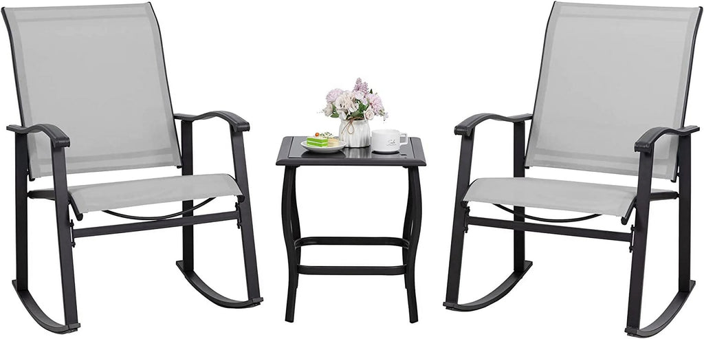 3 Piece Rocking Bistro Set with Glass Coffee Table Light Gray D78004