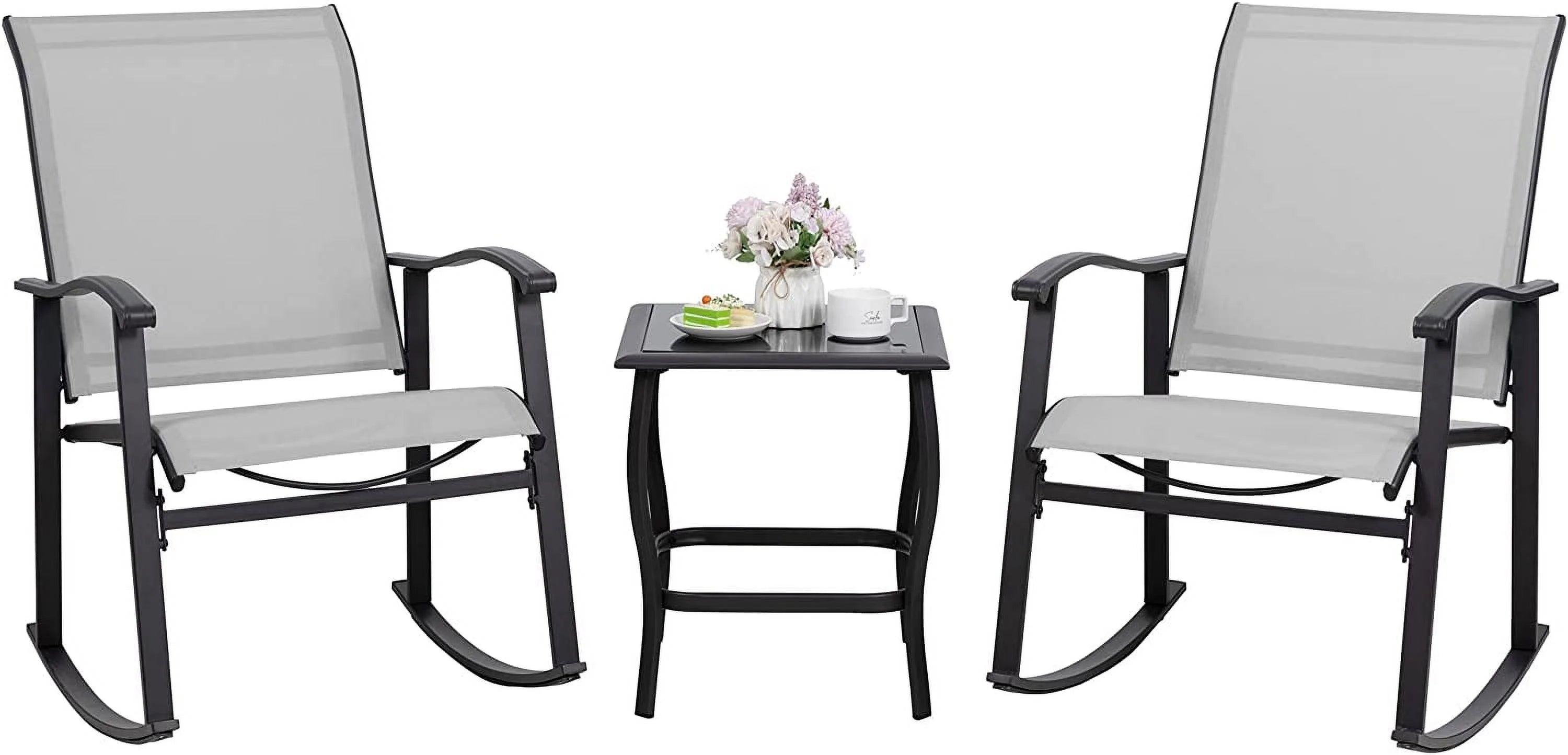 3 Piece Rocking Bistro Set with Glass Coffee Table Light Gray D78004