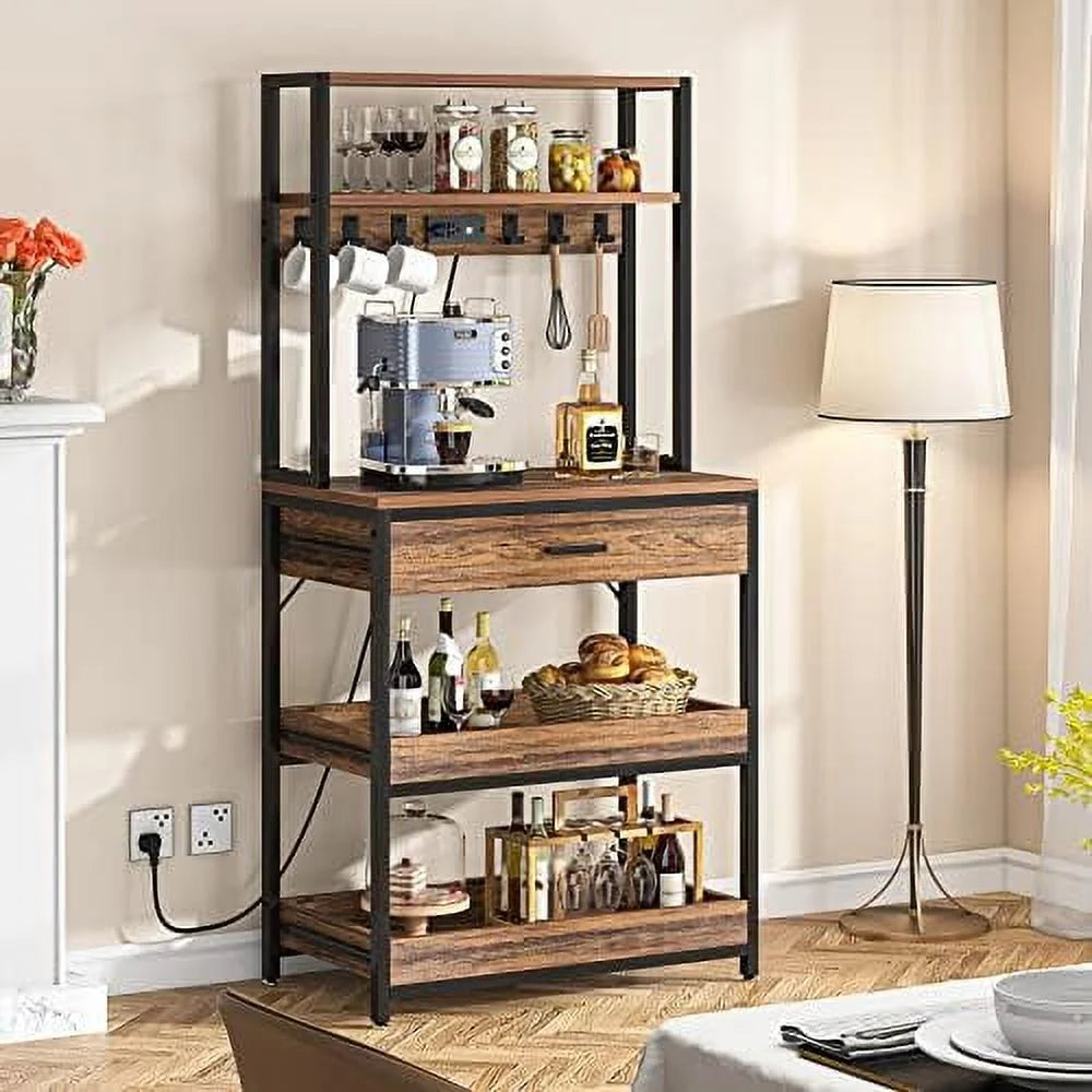 Rustic Brown 5-Tier Kitchen Bakers Rack with Power Outlets X2186