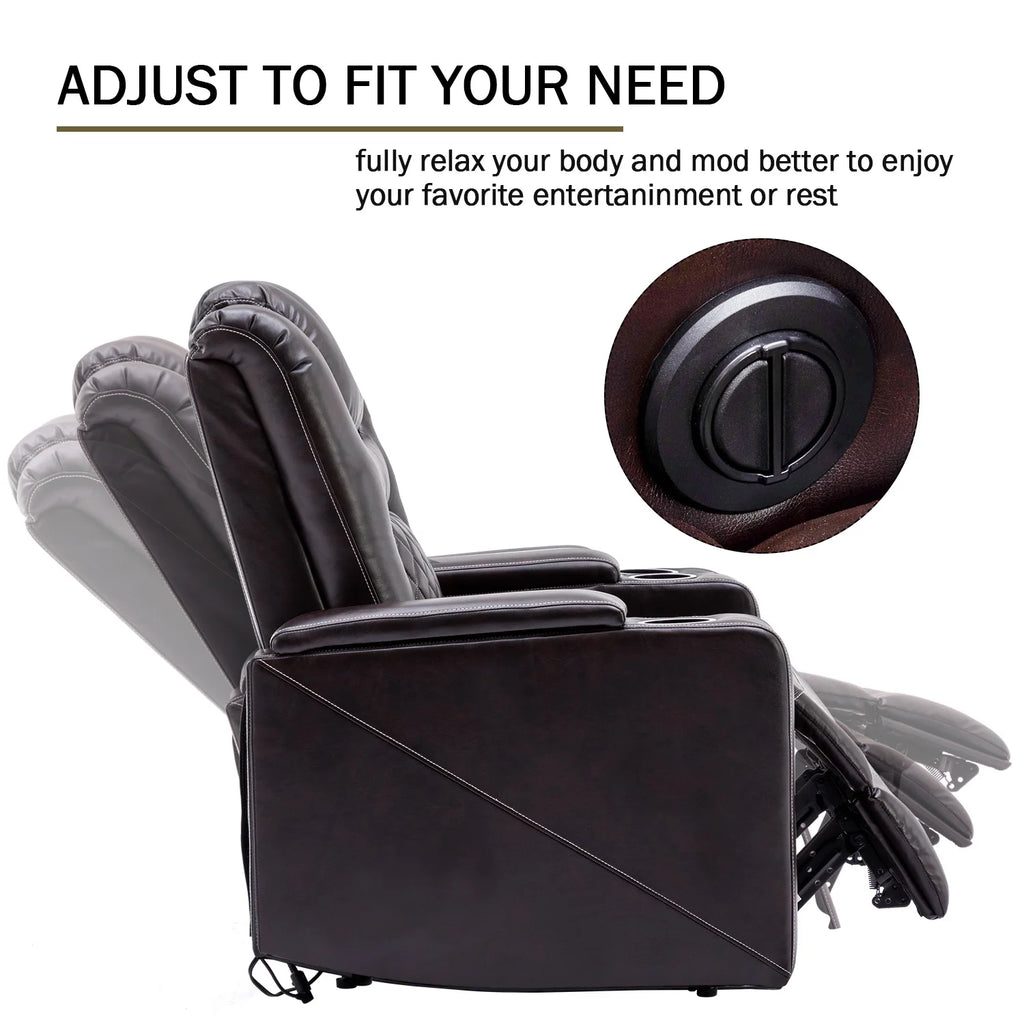 Brown Faux Leather Power Reclining Home Theater Seating with Cup Holders I394