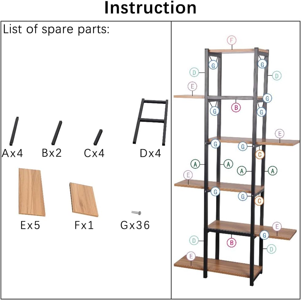 6-Tier Metal Frame Wooden Bookshelf (Red Oak) R433