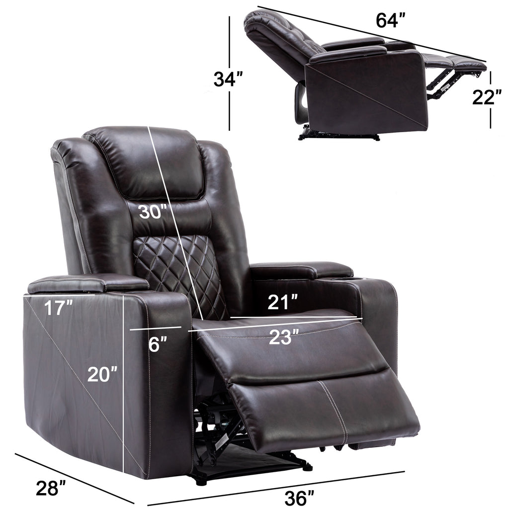 Brown Faux Leather Power Reclining Home Theater Seating with Cup Holders I394