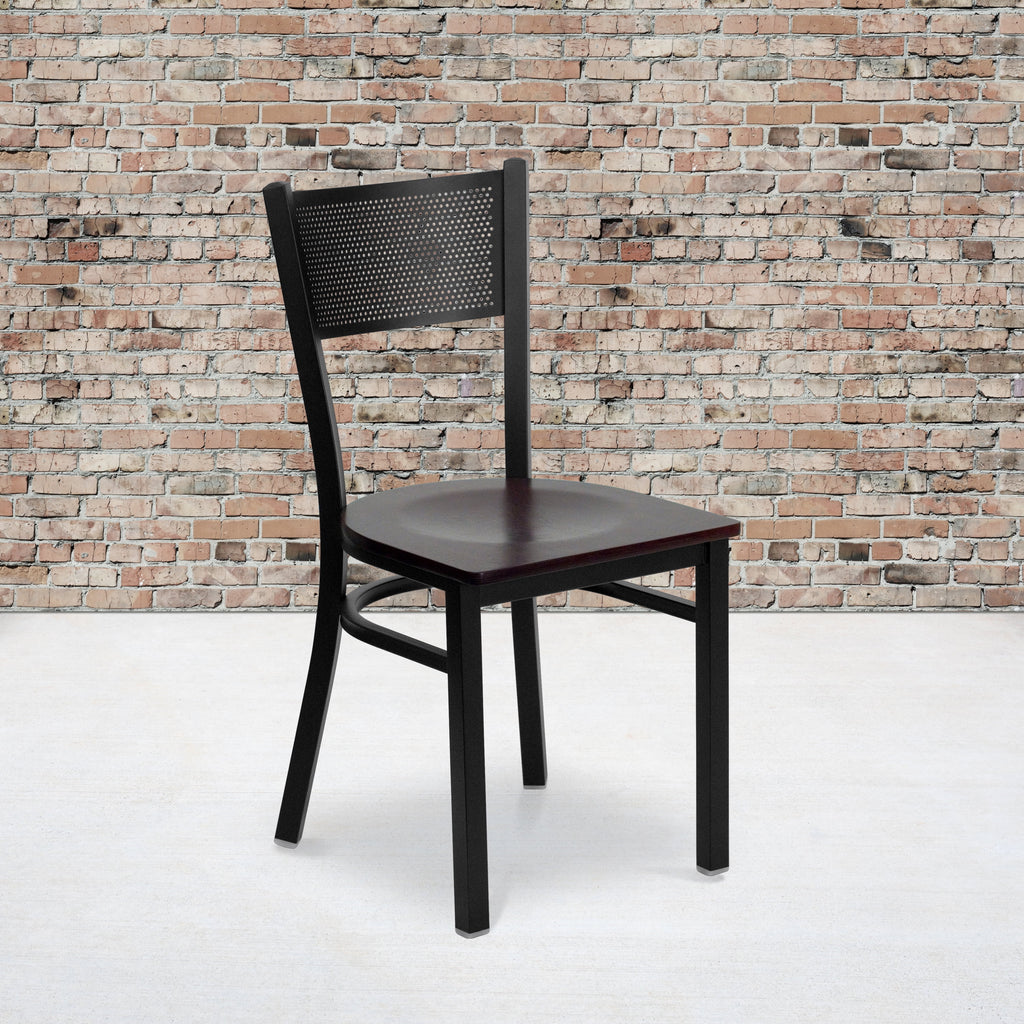 Black Grid Back Metal Restaurant Chair with Mahogany Wood Seat A8542