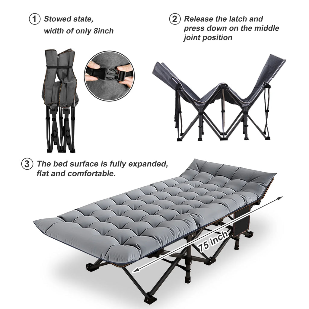 Folding Camping Cot with Mattress and Carry Bag, Black Gray, 75x28x14 Inch S7748