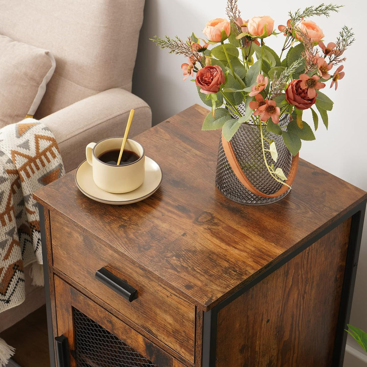 Rustic Brown End Table with Drawer and Mesh Door B292