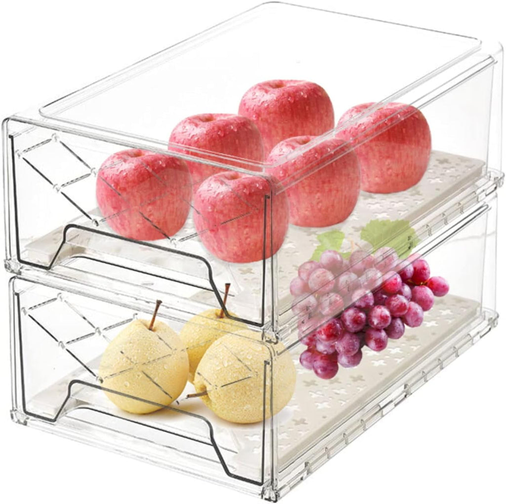 Plastic Stackable Fridge Organizer Bins with Removable Drain Tray, 2 Pack R2305